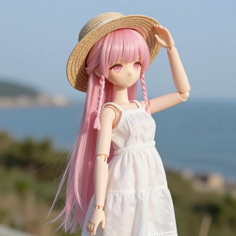 ball jointed doll on hill overlooking sea