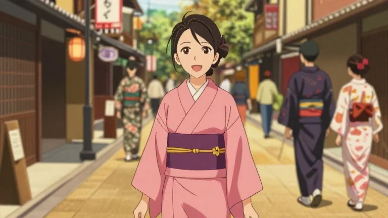 anime smiling woman pink kimono kyoto backstreet