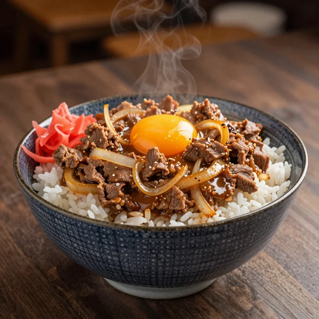 steaming gyudon bowl beef onions rice