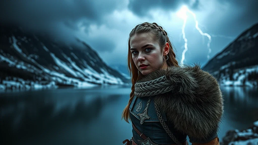 stormy mountain lake viking woman armor night