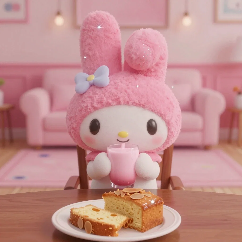 my melody with strawberry milk and cake