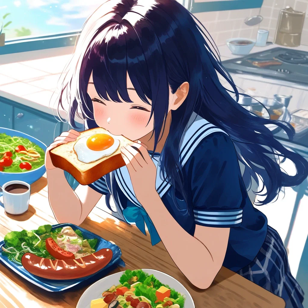 cute girl eating breakfast in uniform