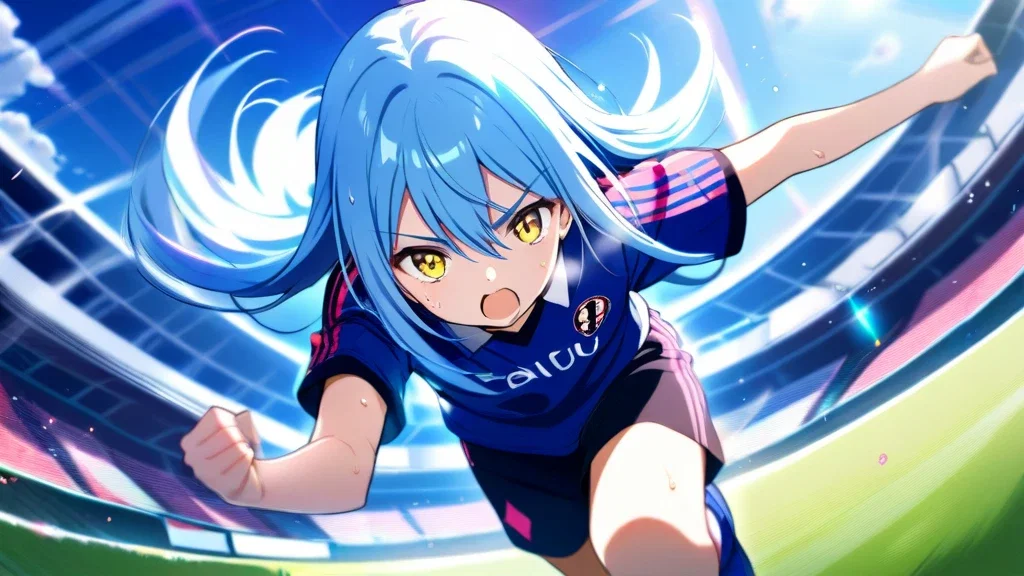 blue haired soccer player running dynamic pose