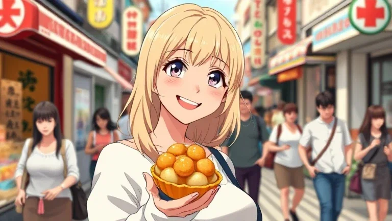 anime style bustling street daytime blonde woman smiling takoyaki