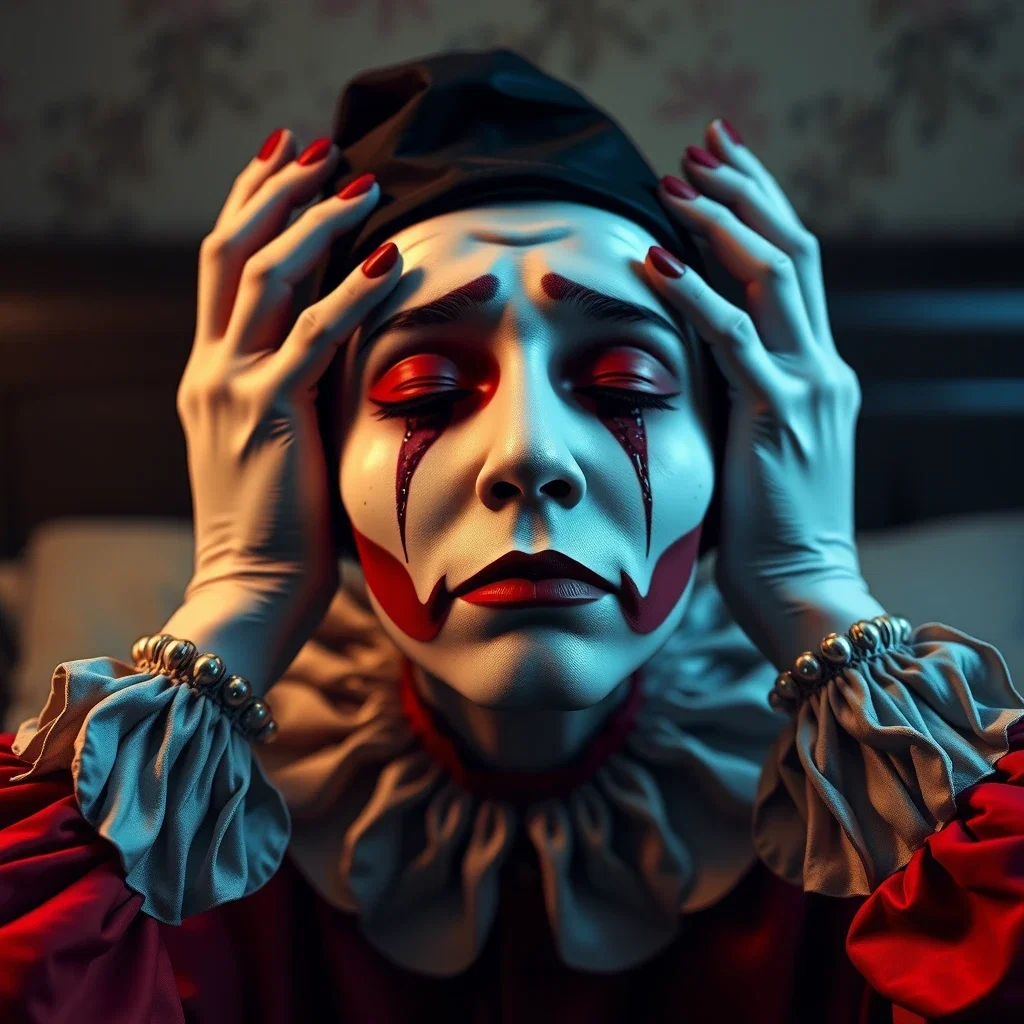 sad pierrot portrait in bedroom
