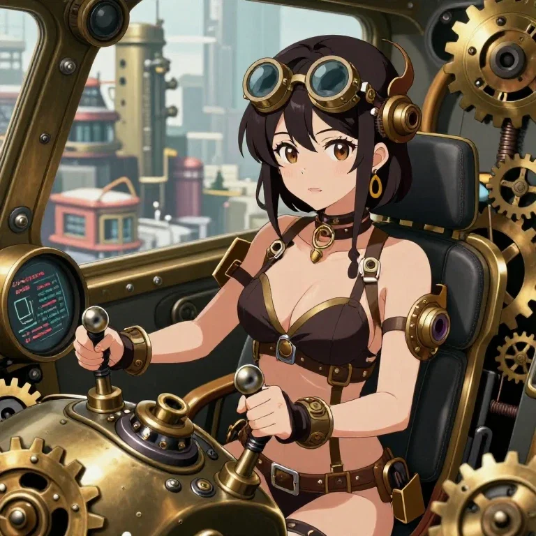 steampunk mechanic girl gears goggles retro futuristic city