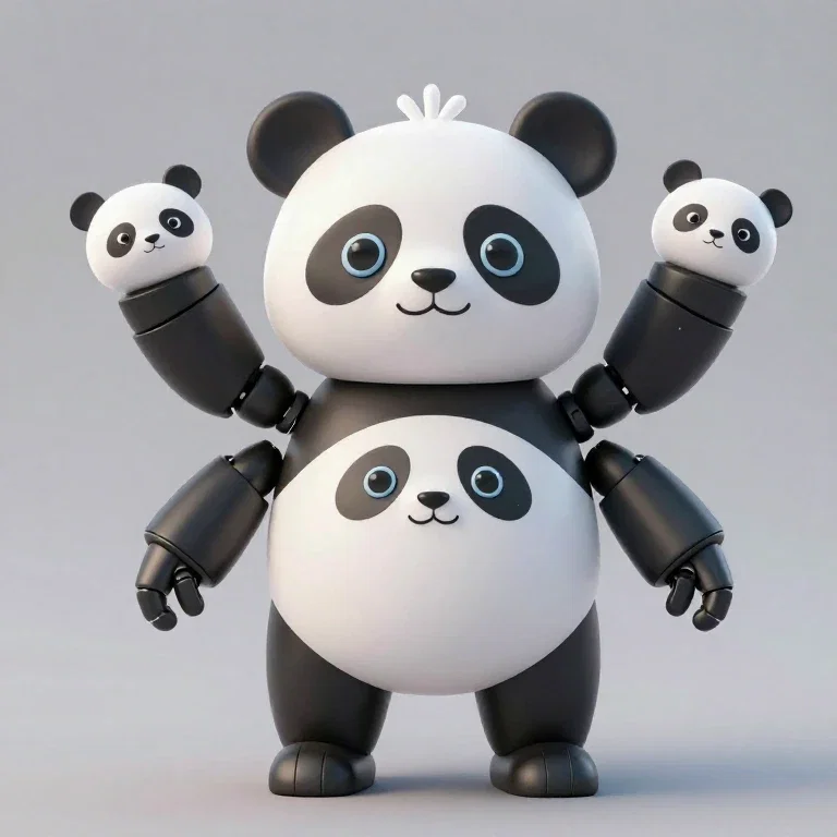 robot panda with three faces six arms