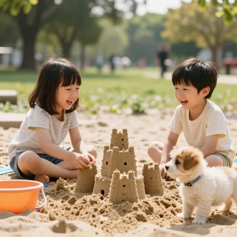 children laughing park sandbox puppy sunny
