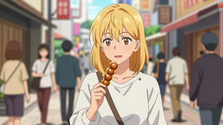 anime street blonde woman takoyaki daytime