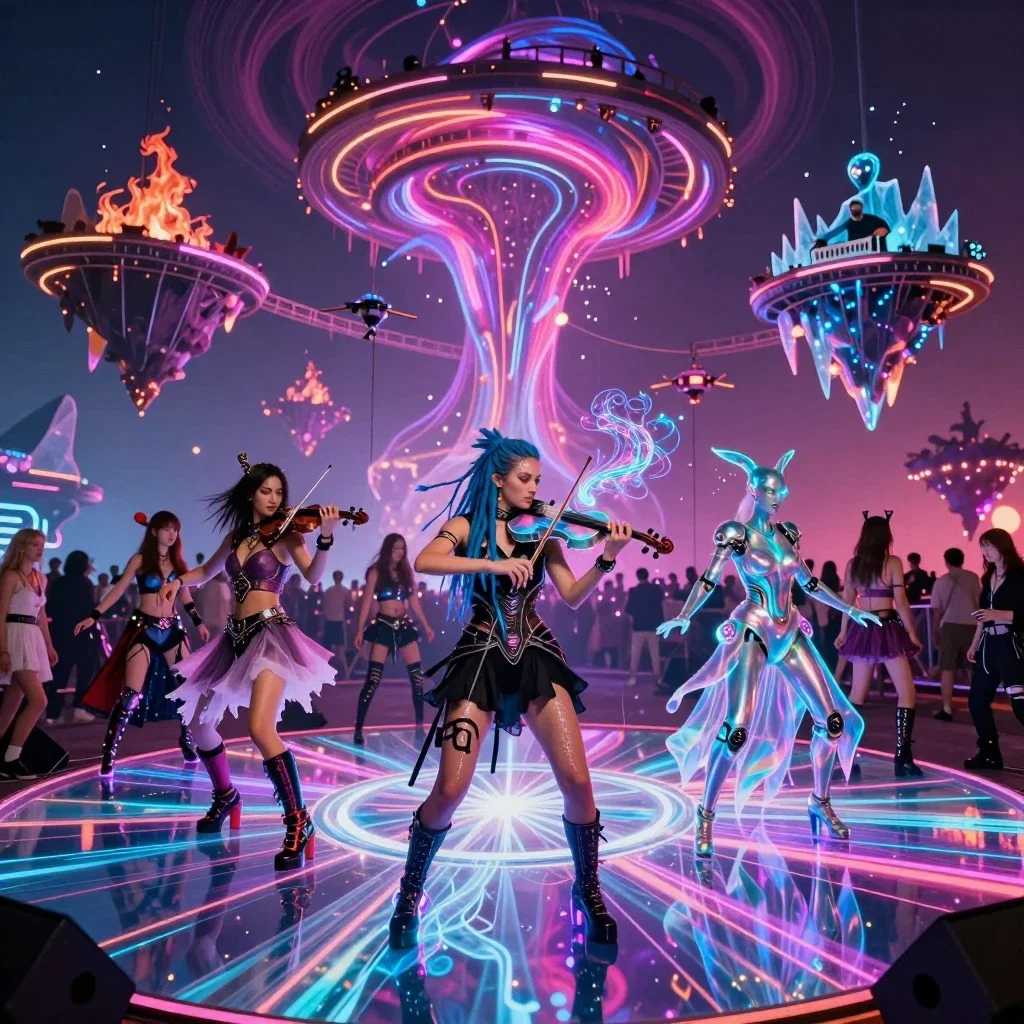 alternate reality music festival with floating stages and cyberpunk attendees