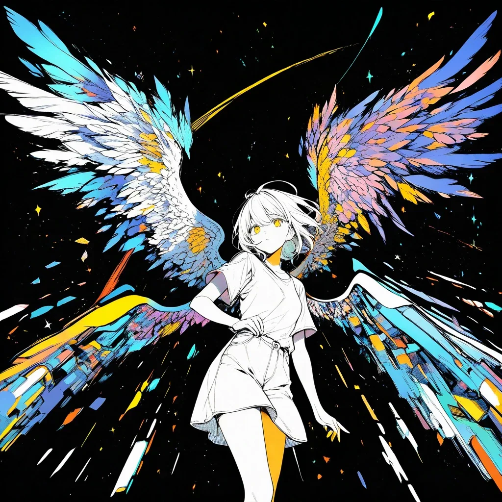 future city winged woman line art
