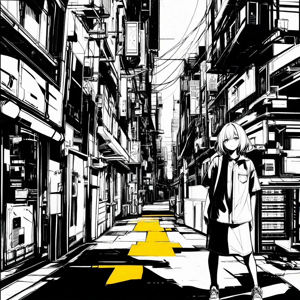 near future streets line art partial color