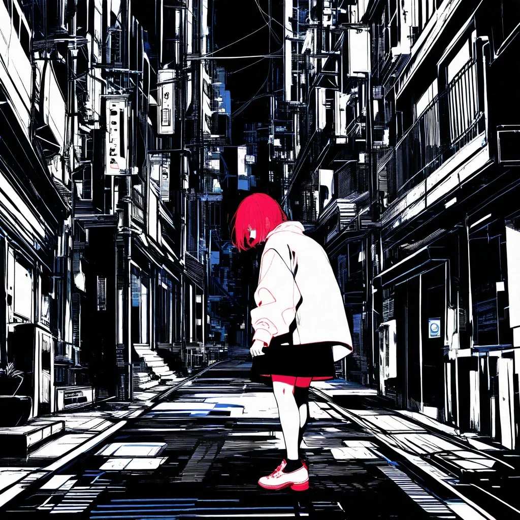near future streets line art partial color