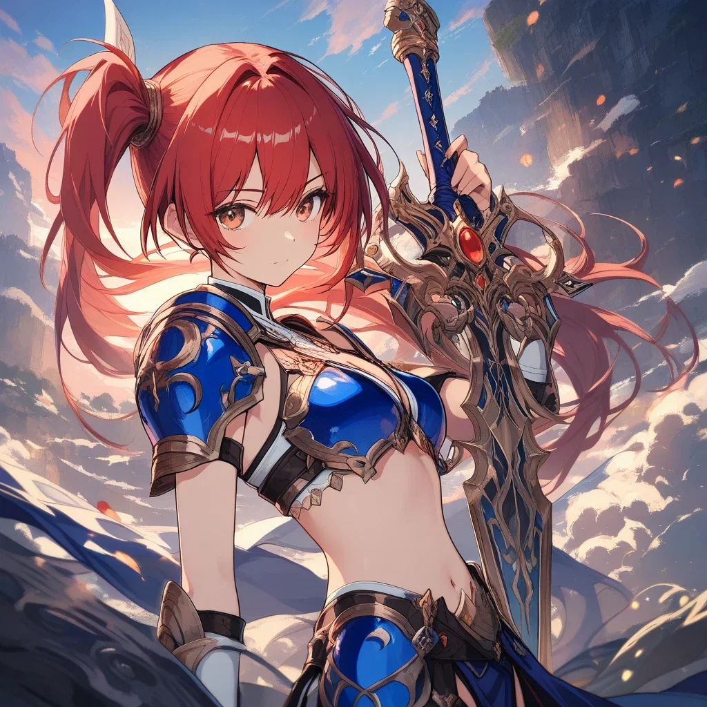 reda morning mist yoko sword side ponytail blue bikini armor red hair cool blue twilight masterpiece best quality highly detailed