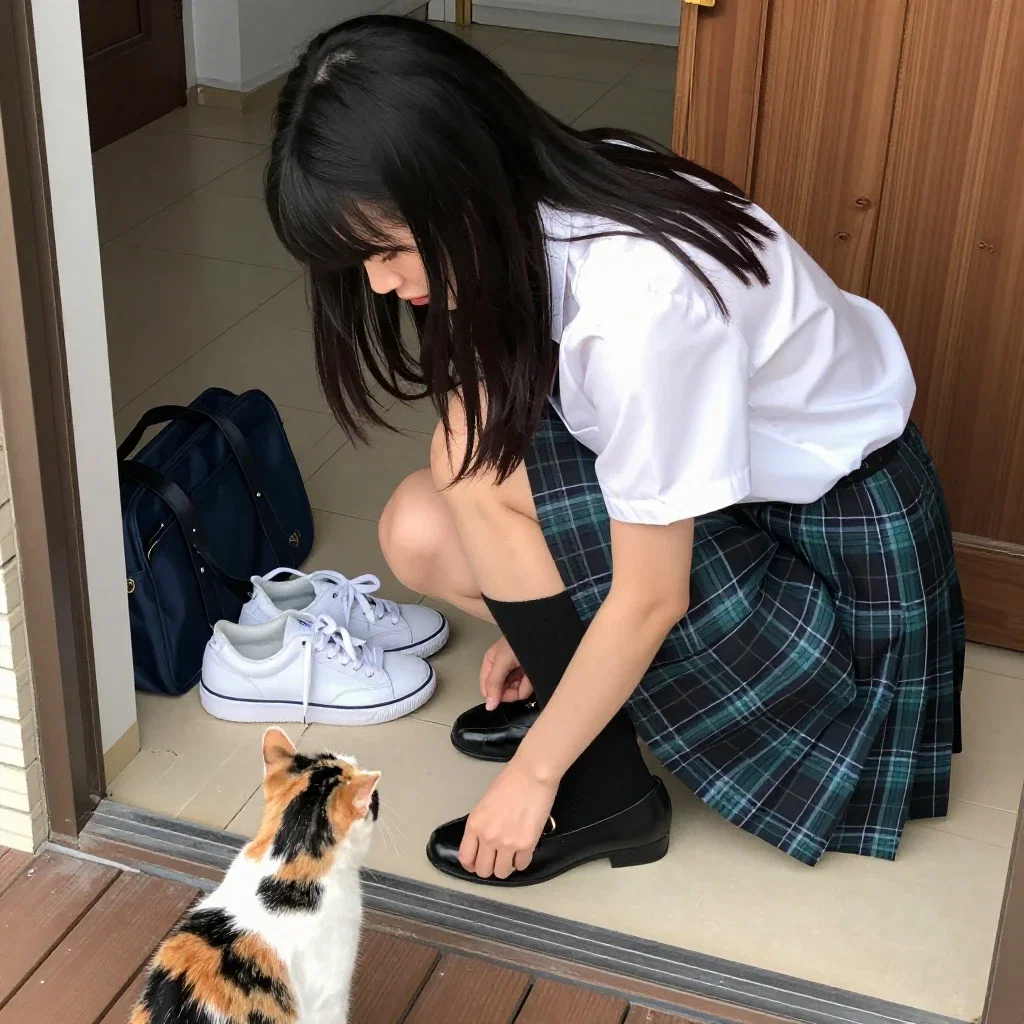 japanese schoolgirl putting on shoes with cat