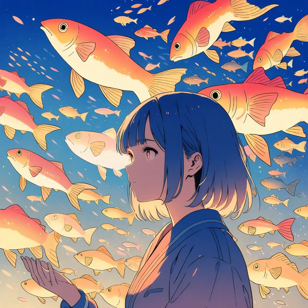 girl gazing at large aquarium full of fish