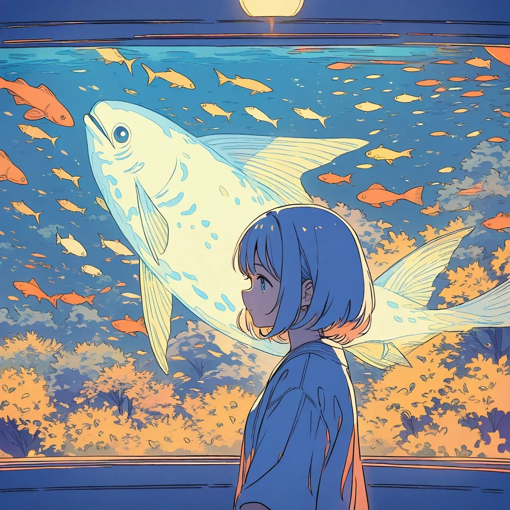 girl gazing at large aquarium full of fish