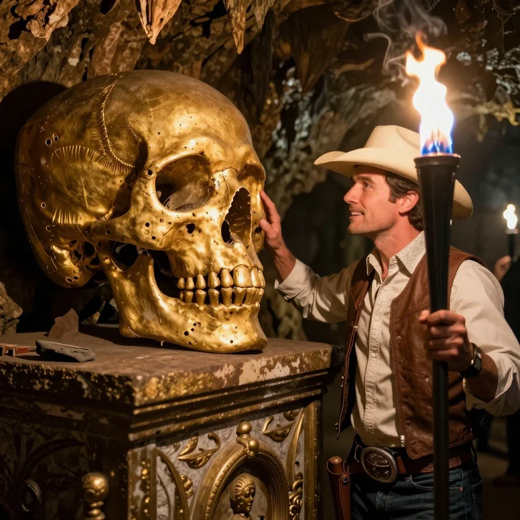 american man exploring cave touching golden skull