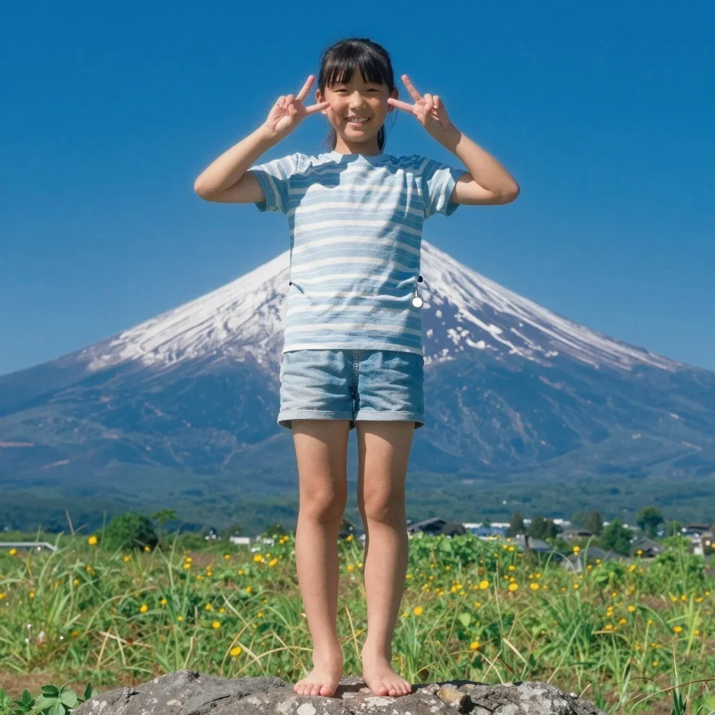 cheerful japanese schoolgirl peace sign mount fuji