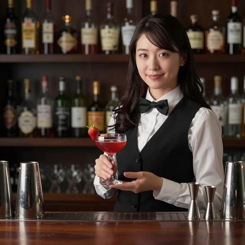 japanese female bartender serving red cocktail