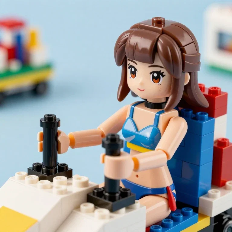 cute girl in bikini suit holding control levers