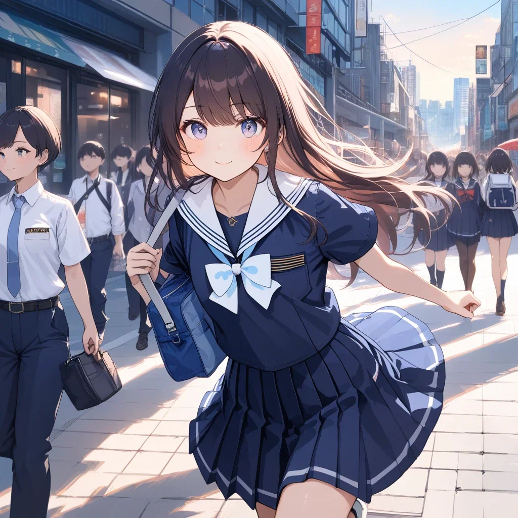 cute girl running in city with bag