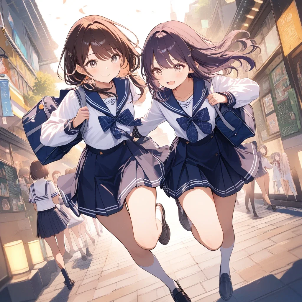 cute girl in sailor uniform dashing through streets