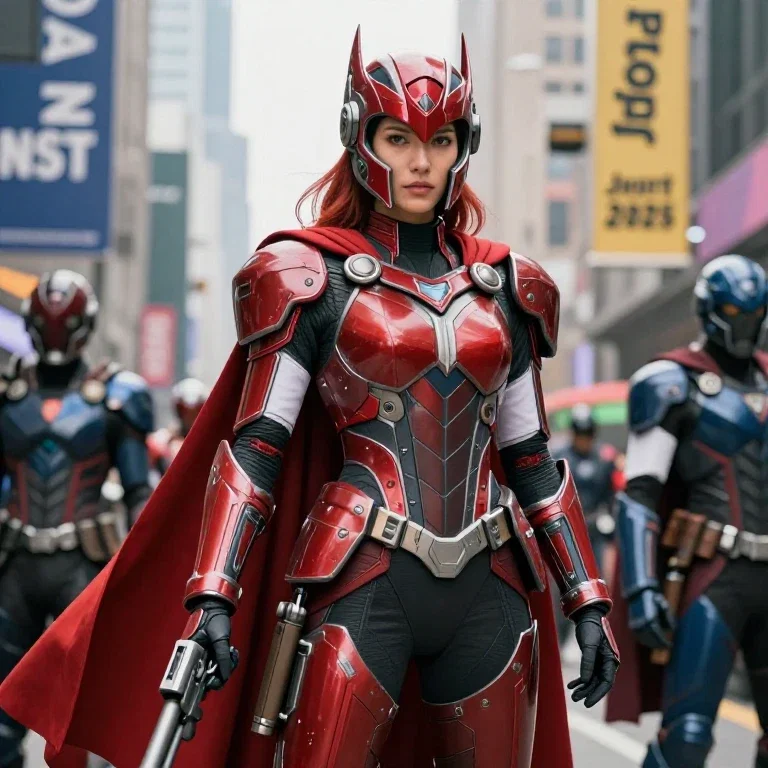 female superhero in armor with cape