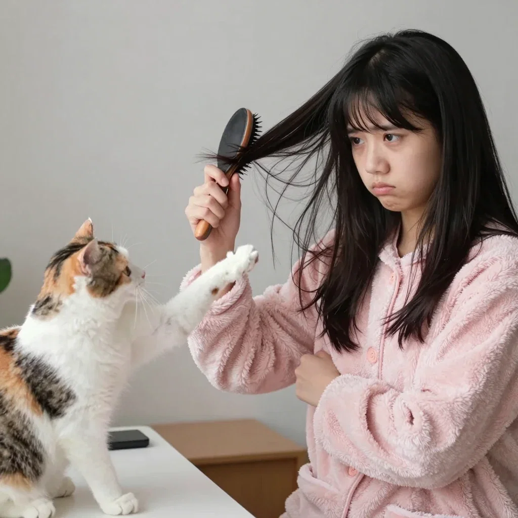 japanese schoolgirl brushes hair cat attacks