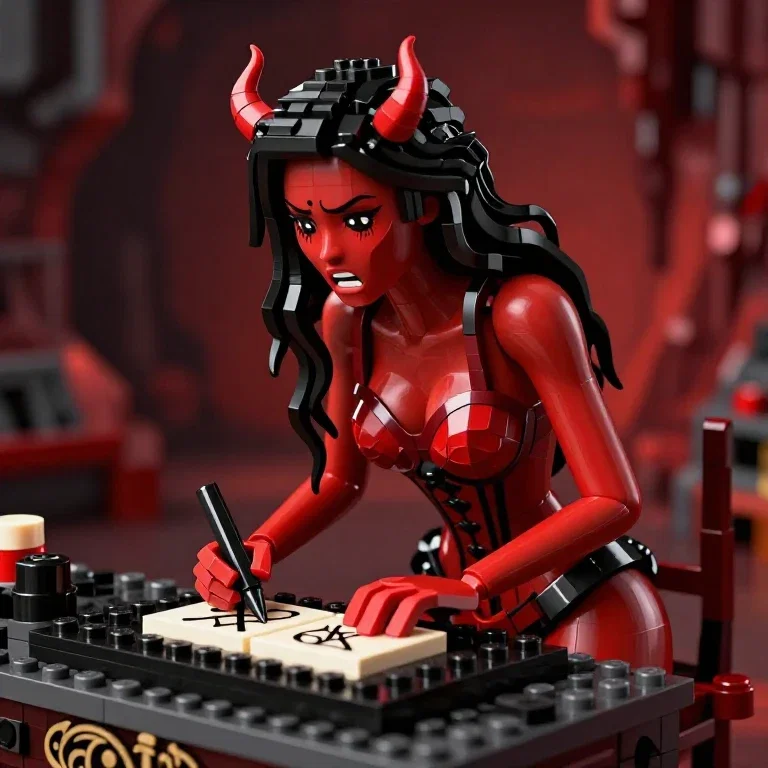 female demon doing taxes anxious expression