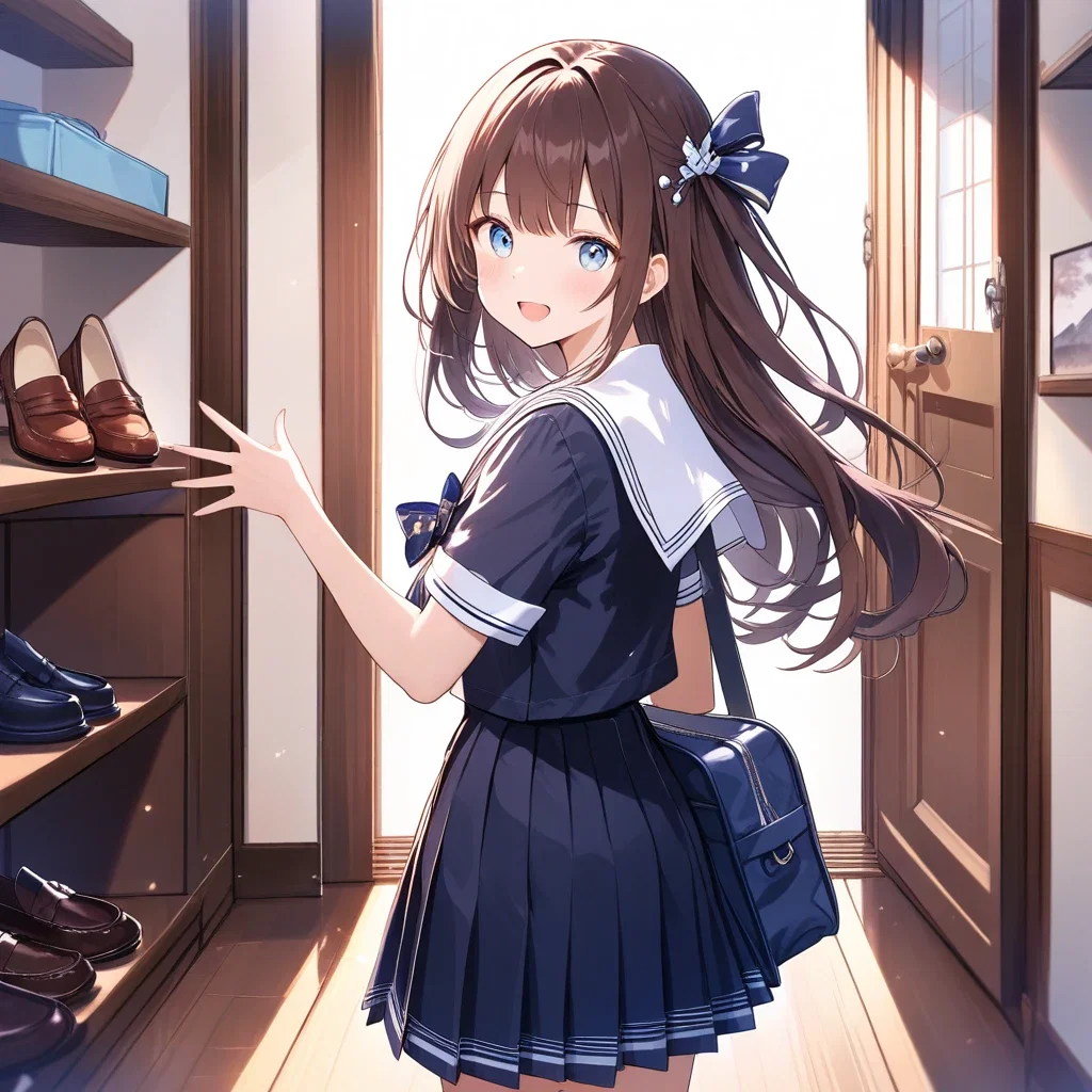cute girl in sailor uniform waving goodbye