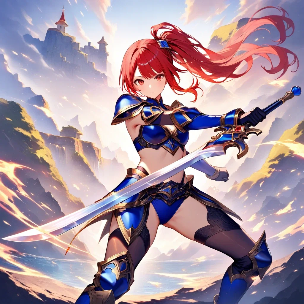 fantasy warrior red hair sword stance