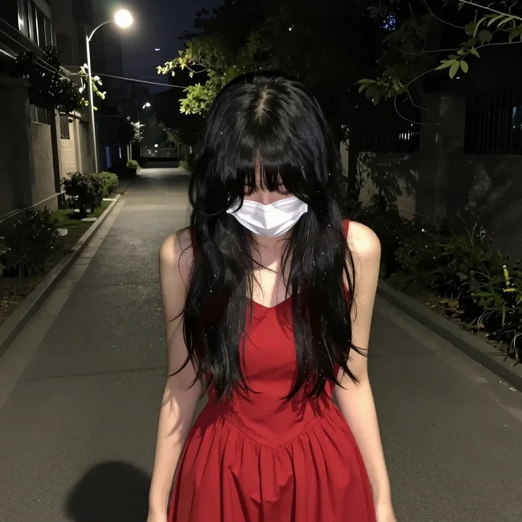 black haired woman in red dress under streetlight