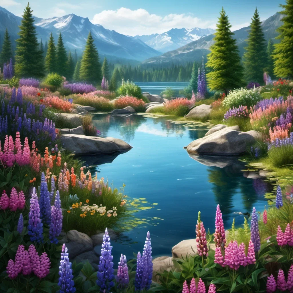realistic fantasy crystal clear pond lupins cottage