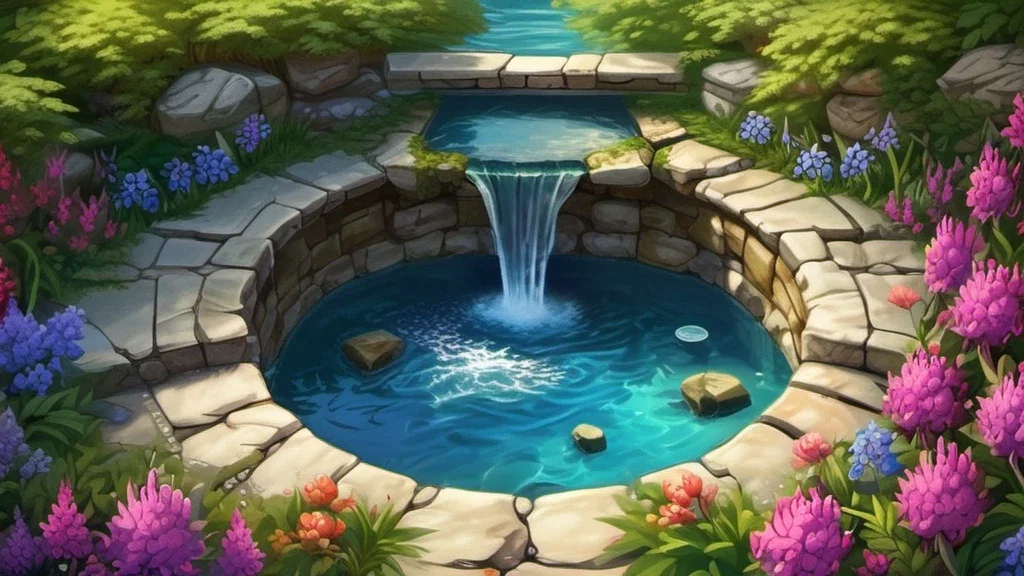 fantasy art overhead view circular water basin flowers