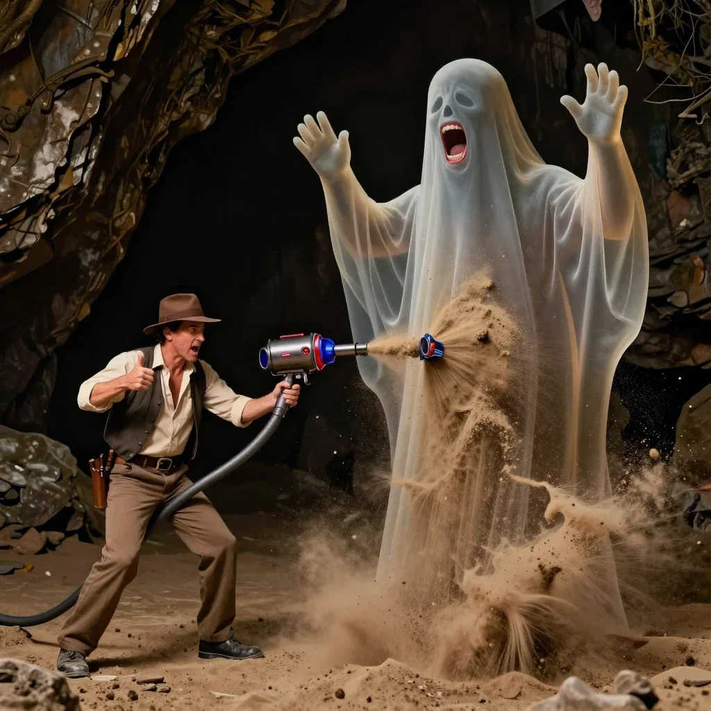 man vacuums sand ghost in cave
