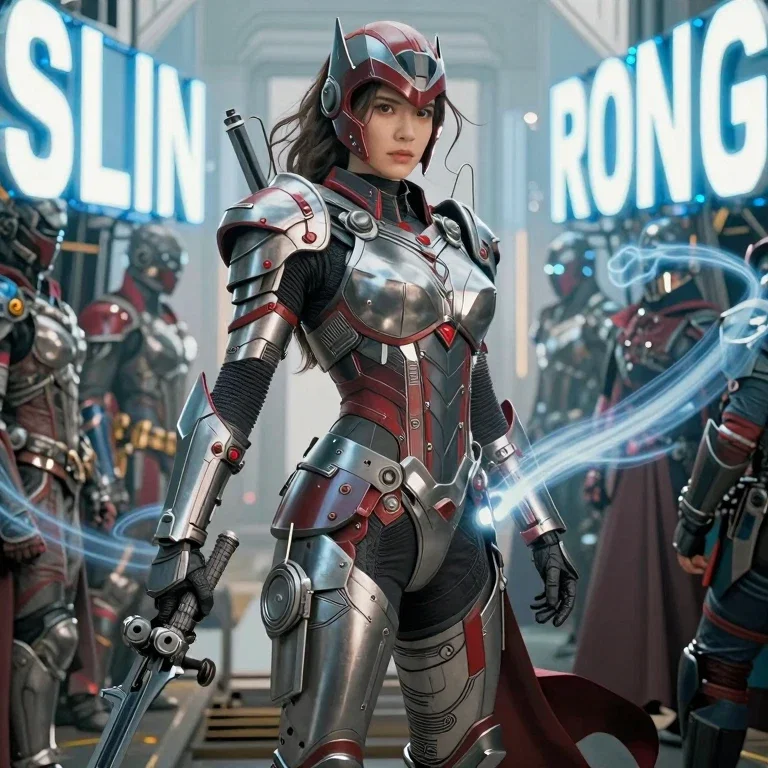 female superhero armor cape heroic futuristic
