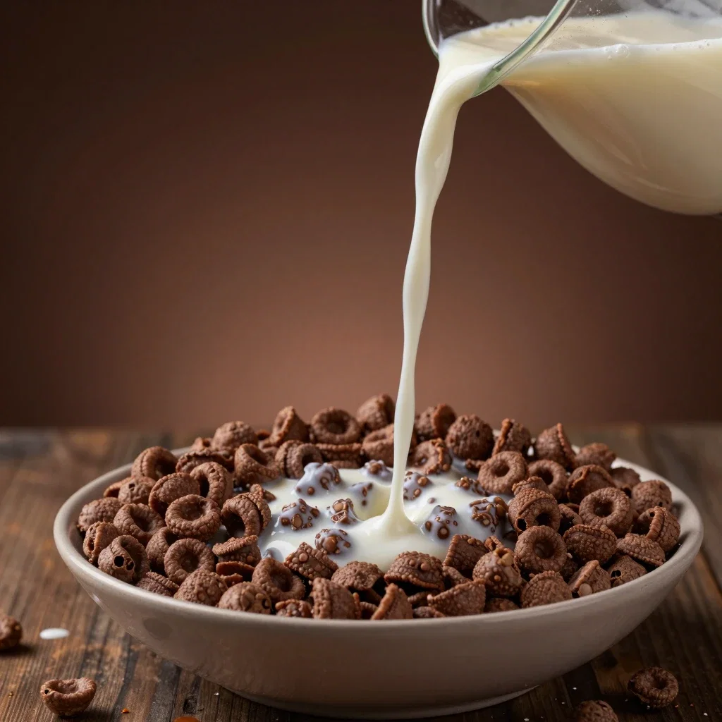 pour milk over chocolate cereal