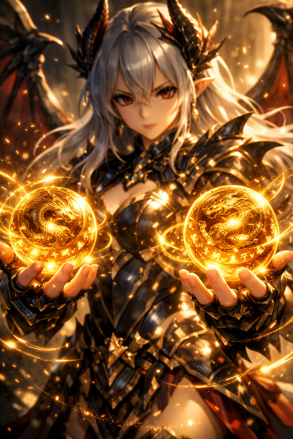 dragon girl holds glowing golden orbs