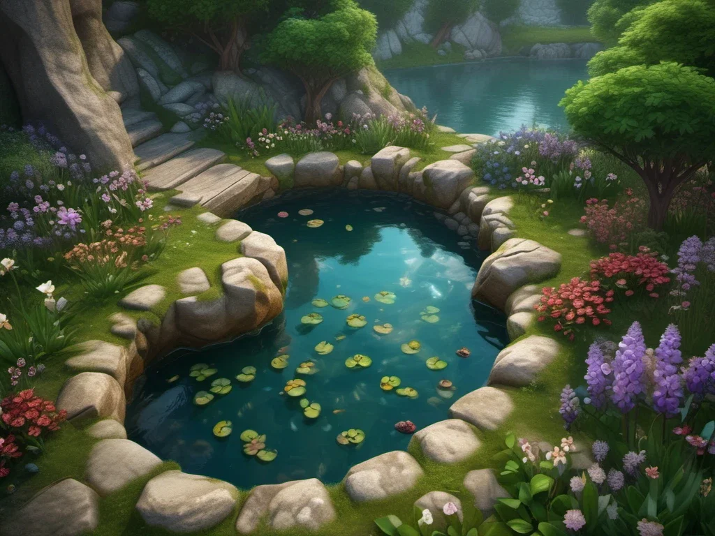 fantasy hyperrealistic pond with lupines stream