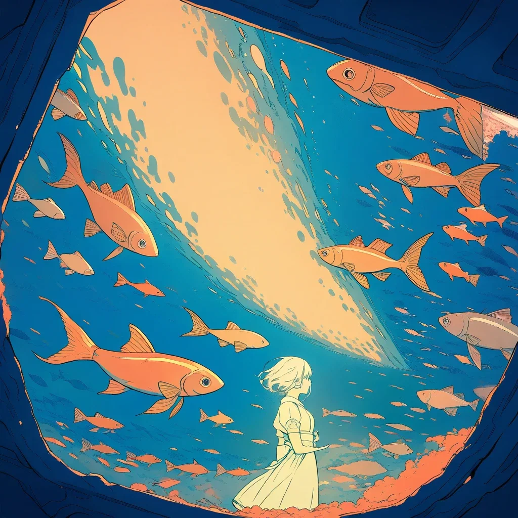 girl gazing at large aquarium full of fish