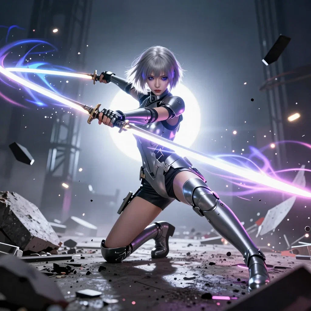 cyberpunk warrior slashing with energy blades