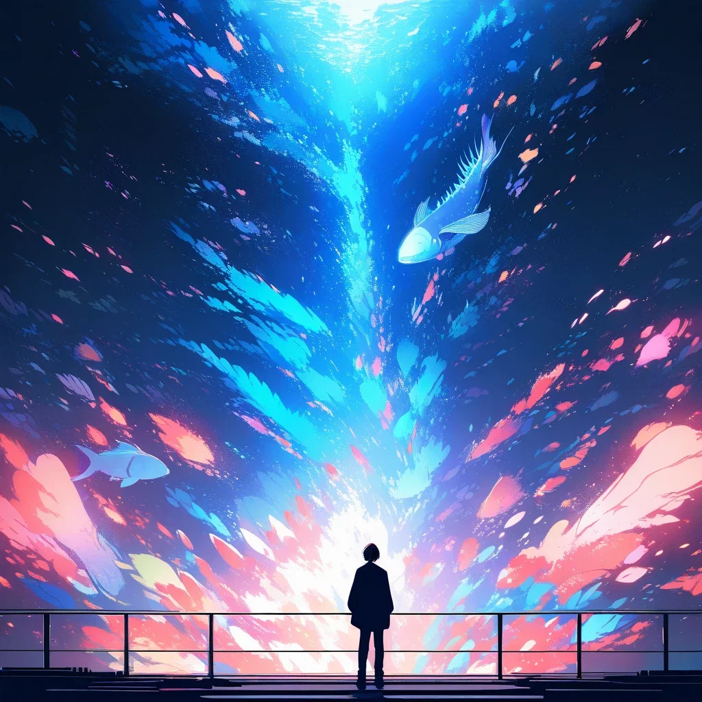 person standing before large aquarium back view