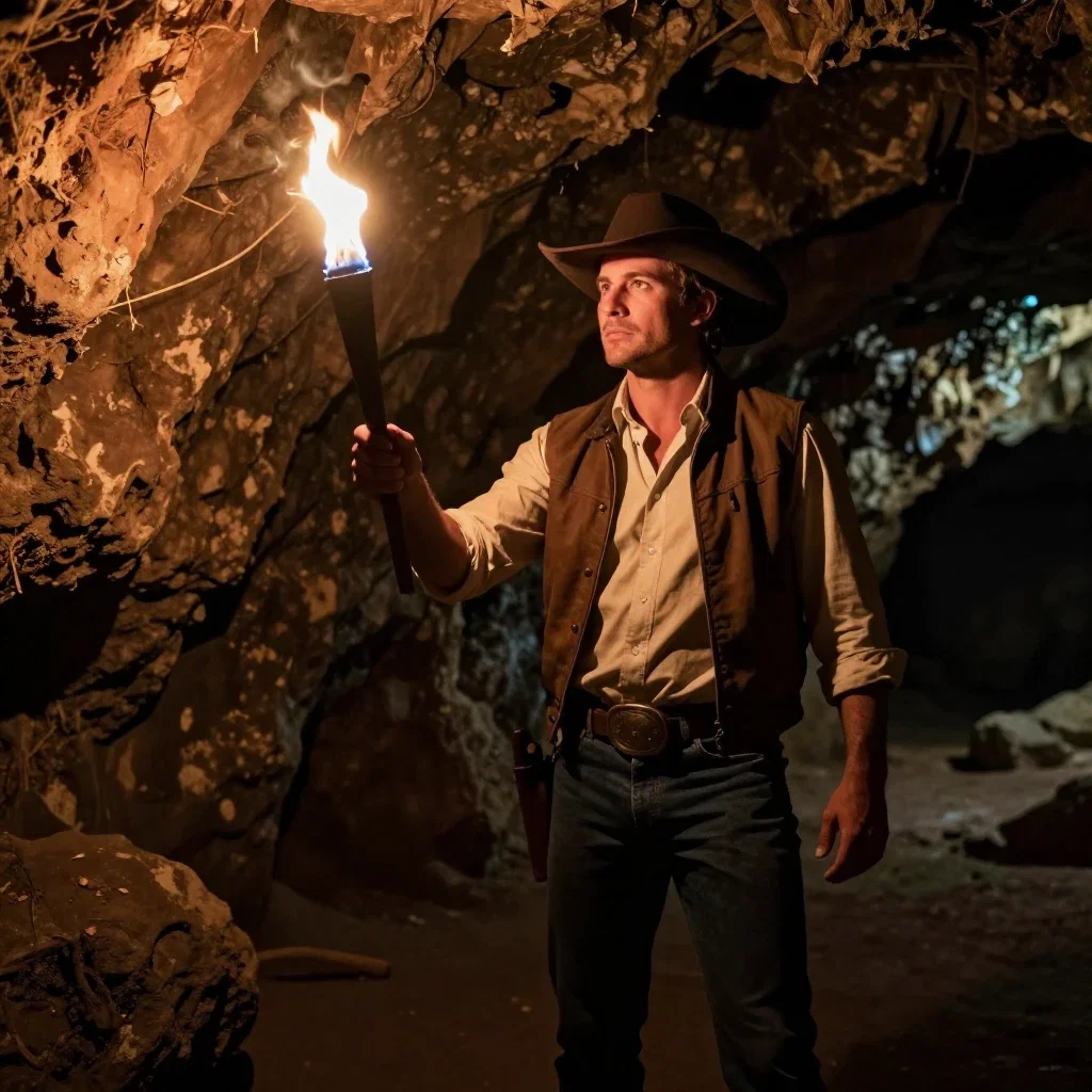 american man explores dark cave in cowboy outfit
