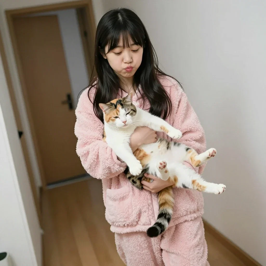 japanese schoolgirl pink pajamas cat displeased