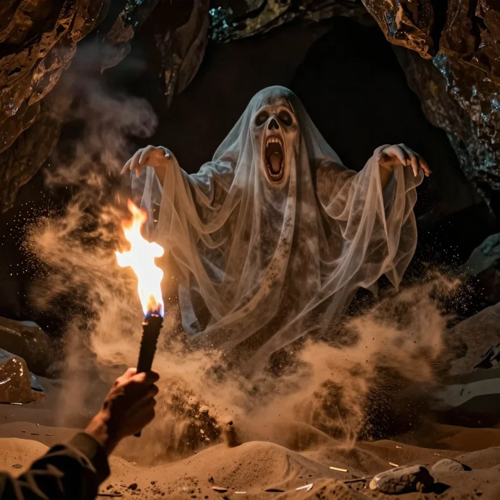 torch illuminates giant sand whirlwind ghost