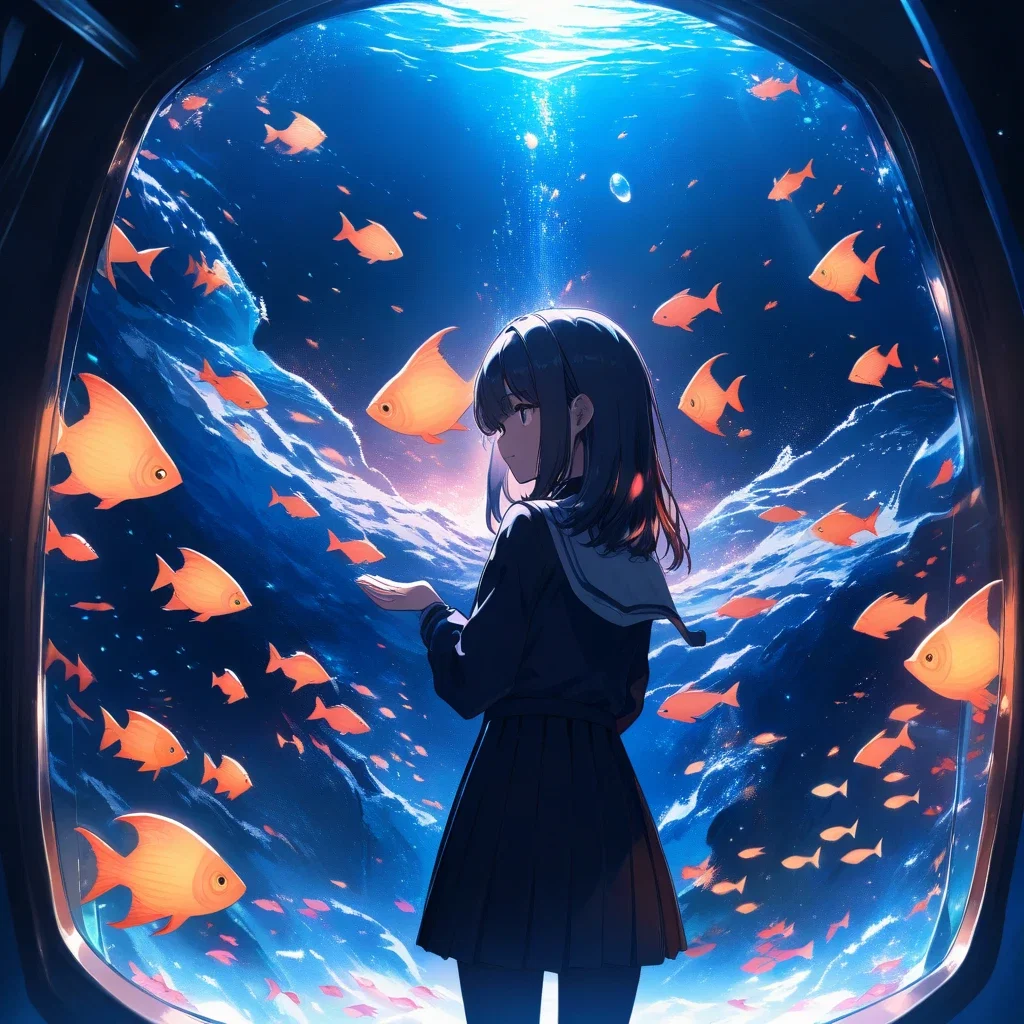 girl gazing at fish in aquarium