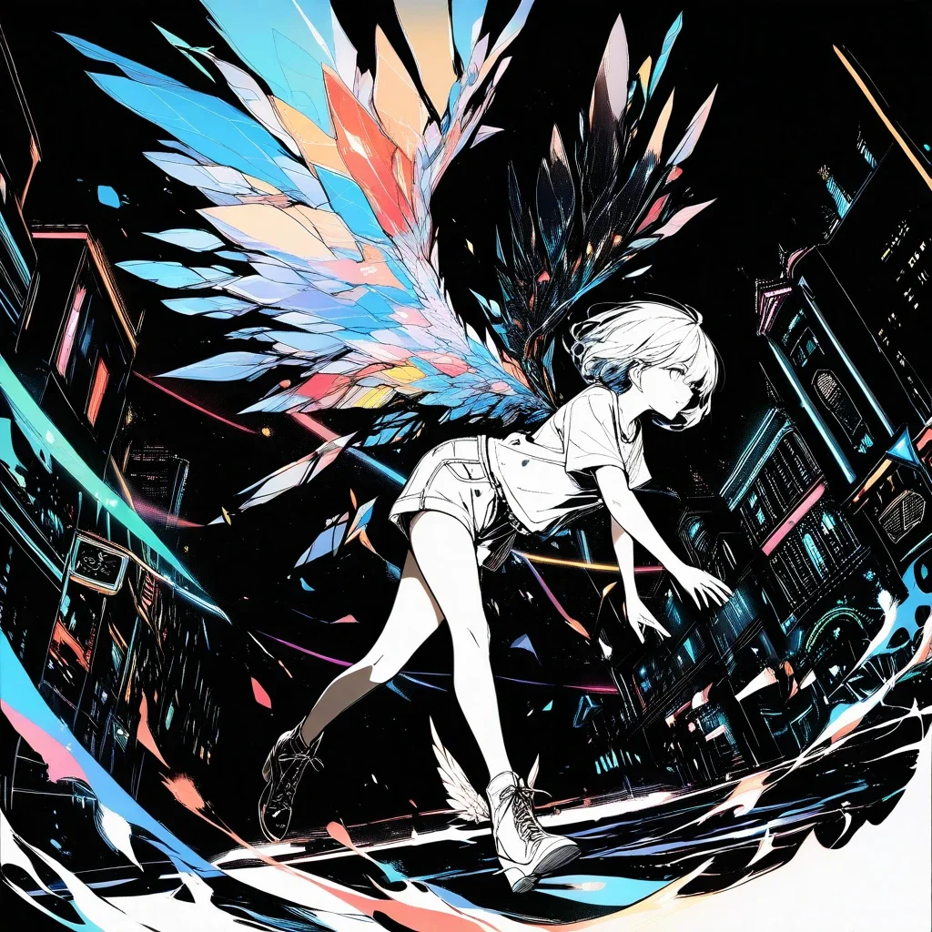 future city winged woman line art