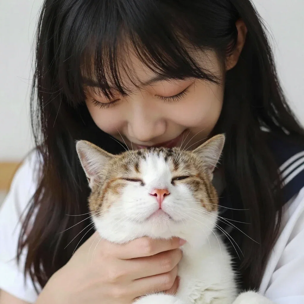 japanese schoolgirl nuzzles tricolor cat