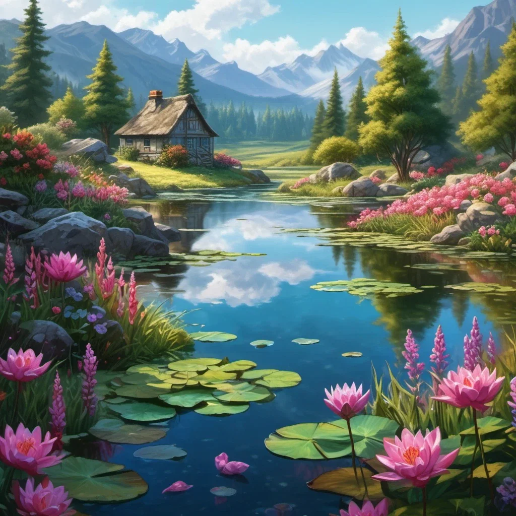 fantasy pond with lilies cottage vibrant colors